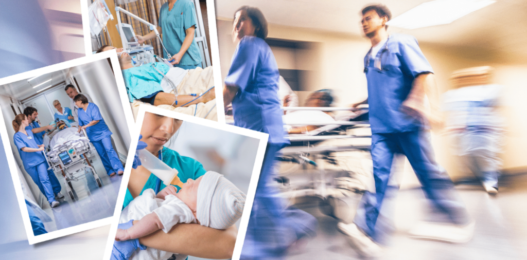 A photo collage of nurses in high demand jobs. ICU nurses are transporting a patient in a gurney. Nurse checking a patient's vital signs. NICU nurse bottle feeding a baby. ER nurses frantically running in an emergency situation.