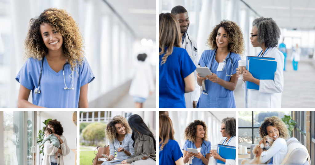 Nurse excelling at work with colleagues and cherishing quality time off with family, friends, and furry companion. Achieving a harmonious work-life balance for nurses.