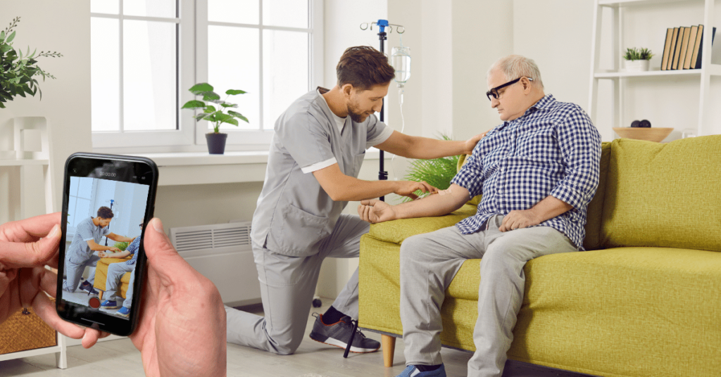 Patient's family member discreetly recording a nurse as he provides medical care to the patient.